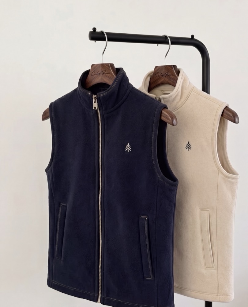 A navy and a cream Cedar Rowe gilet hanging together on branded walnut hangers on a black rail.